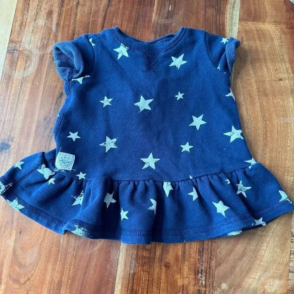 RALPH LAUREN Baby Girl 3M Navy White Star‎ Print Dress Ruffle Hem